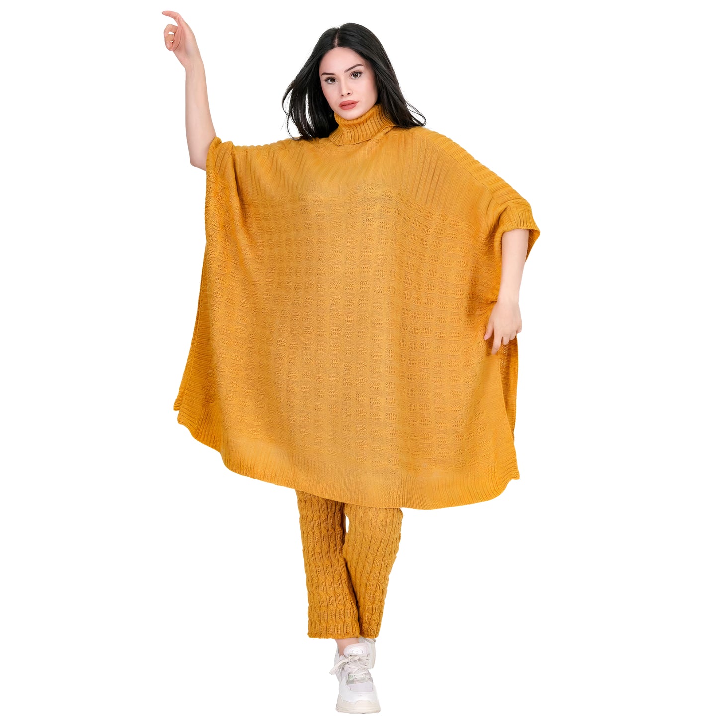 Turtleneck Sweater Elegant Knitted Poncho Batwing Pullover Wrap Sweater with Pants 100% Acrylic Material