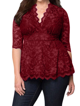 Sexy Women Lace Embossing V-Neck Pure Color Half Sleeve Blouse