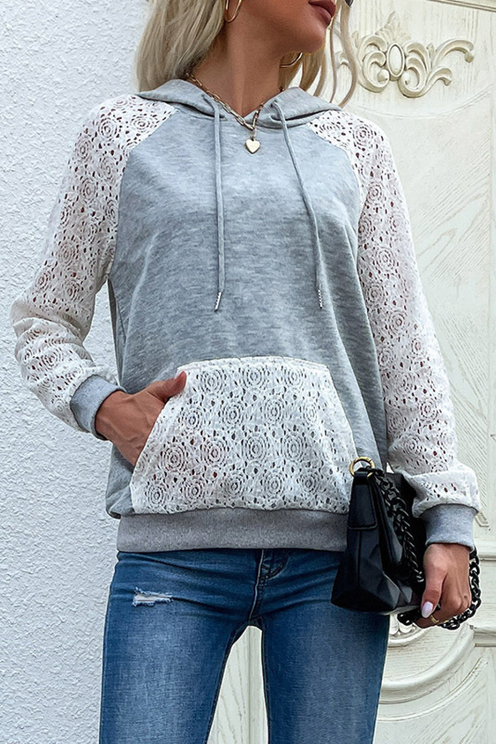 Lace Raglan Sleeve Drawstring Hoodie