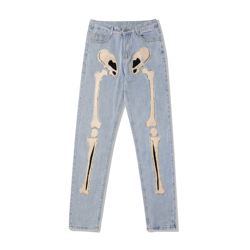 High Street Hip Hop Street Skull Bone Patch Jeans