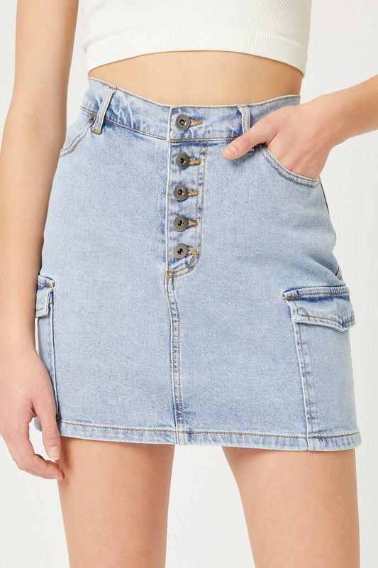 Buttoned Denim Mini Cargo Skirt