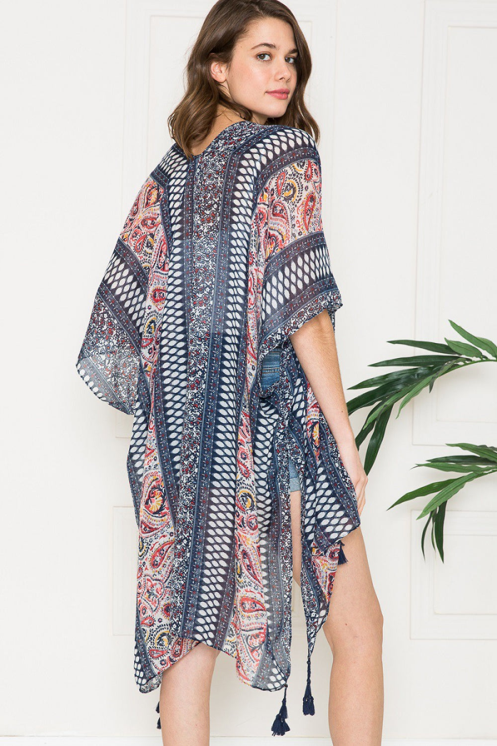 Justin Taylor Mixed Print Tassel Detail Kimono