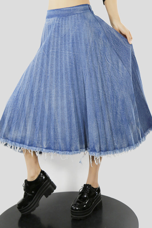 Elastic Waist Raw Hem Pleated Denim Midi Skirt