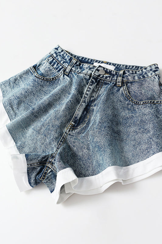 GAWQO Contrast Trim Pocketed Acid Wash Denim Shorts