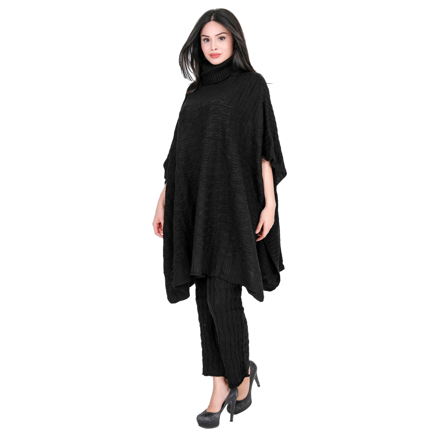 Turtleneck Sweater Elegant Knitted Poncho Batwing Pullover Wrap Sweater with Pants 100% Acrylic Material