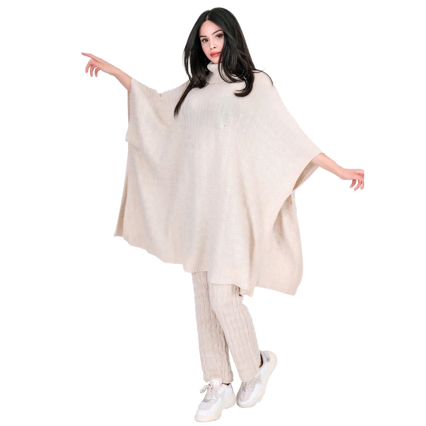 Turtleneck Sweater Elegant Knitted Poncho Batwing Pullover Wrap Sweater with Pants 100% Acrylic Material