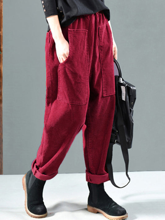 Corduroy Elastic Waist Solid Color Side Pocket Harem Pants