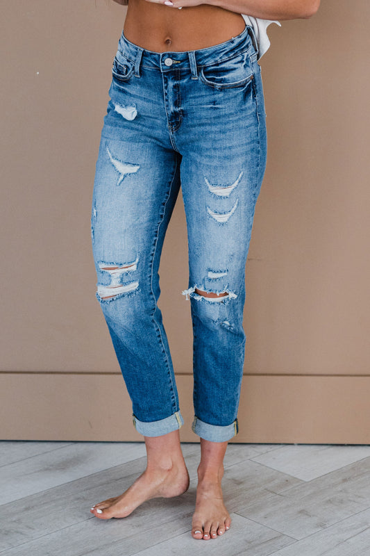 Judy Blue Mid Rise Cuffed Distressed Boyfriend Jeans