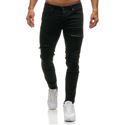 Zipper Autumn And Winter Men's Casual Ripped Jeans