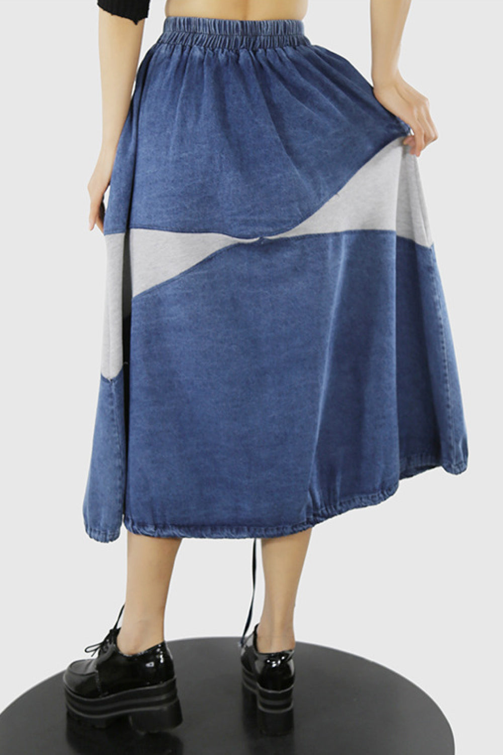 Two-Tone Denim Spliced Drawstring Midi Skirt