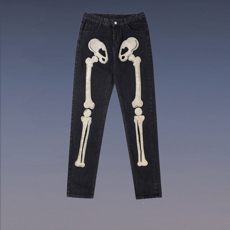 High Street Hip Hop Street Skull Bone Patch Jeans