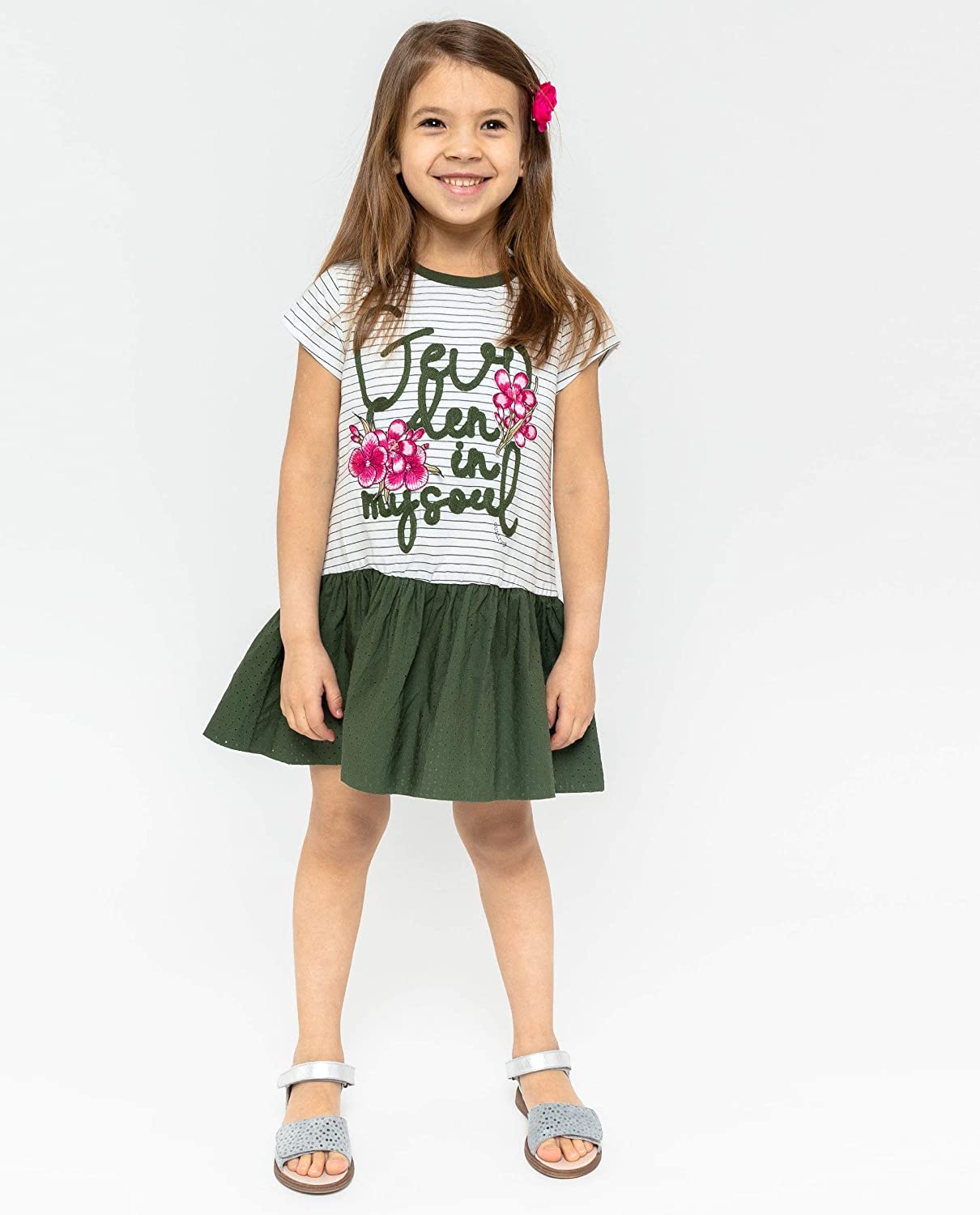 GULLIVER Mädchen Kleid Kinder Casual Kleider Grün Gestreift Kurzarm Baumwolle 98