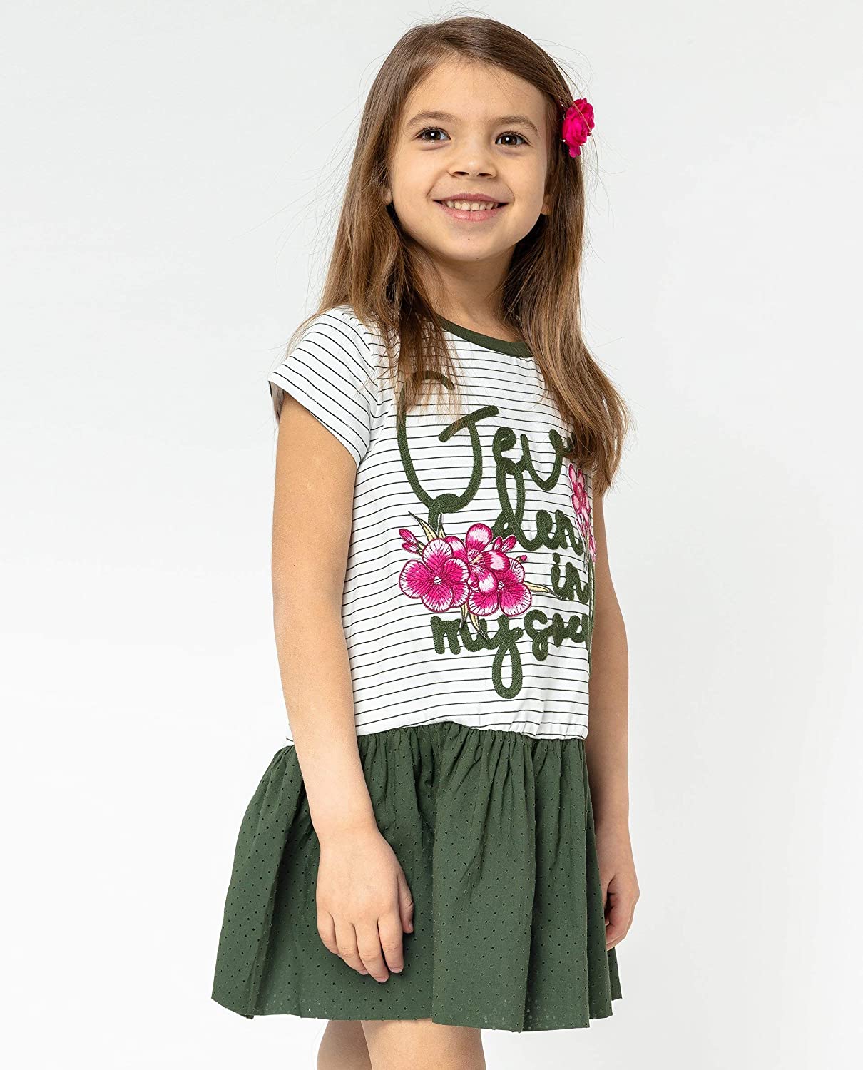 GULLIVER Mädchen Kleid Kinder Casual Kleider Grün Gestreift Kurzarm Baumwolle 98