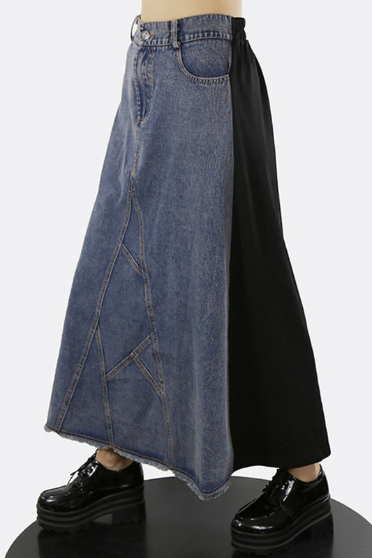 Two-Tone Denim Spliced Raw Hem Maxi Skirt