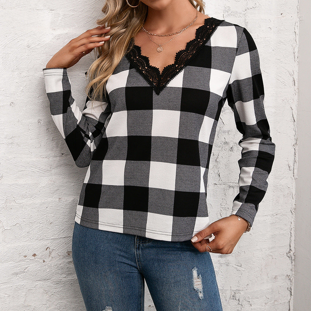 Plaid Lace Trim V-Neck Long Sleeve Tee