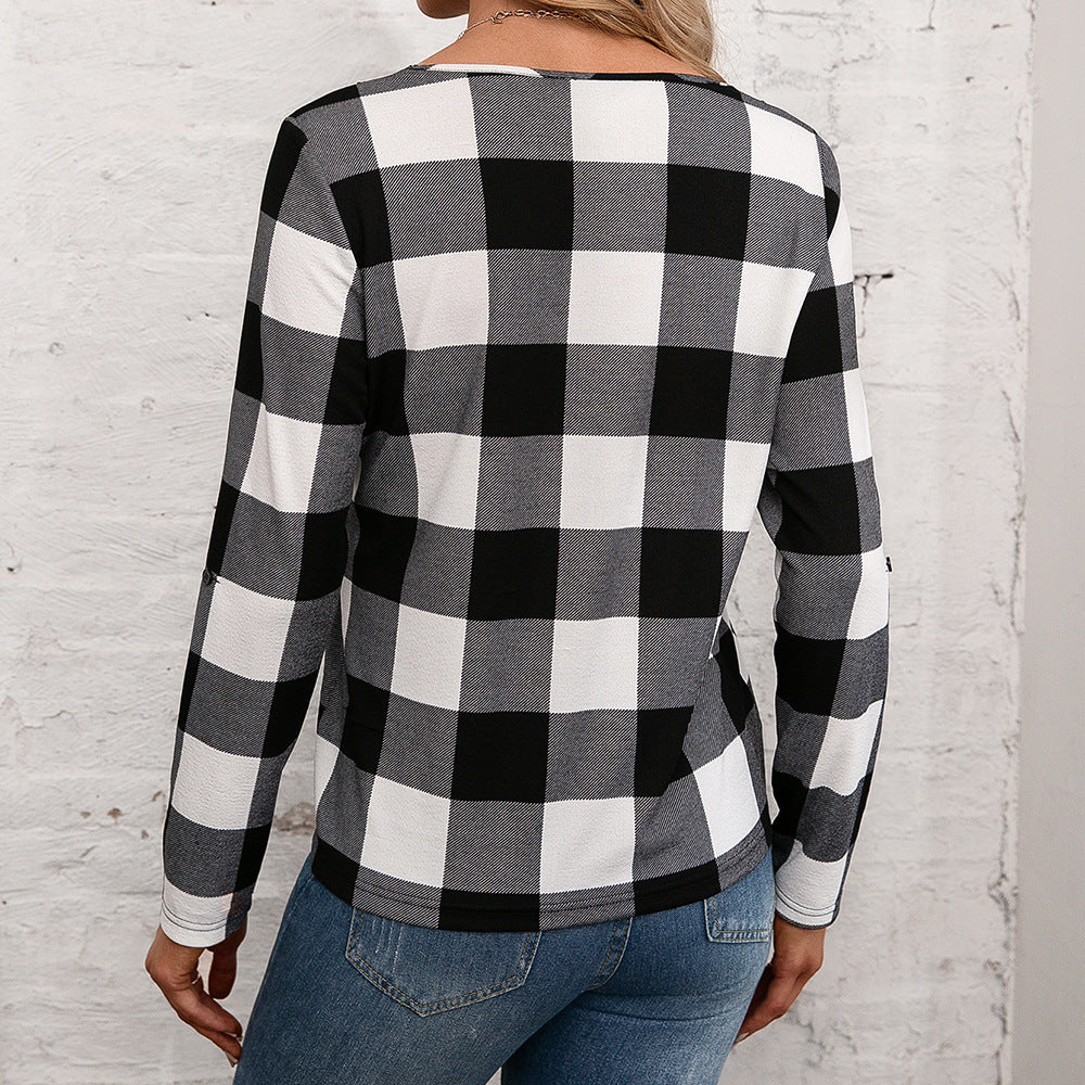 Plaid Lace Trim V-Neck Long Sleeve Tee