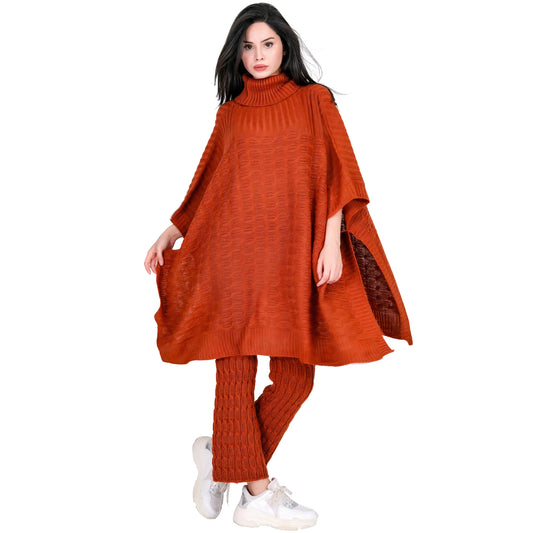 Turtleneck Sweater Elegant Knitted Poncho Batwing Pullover Wrap Sweater with Pants 100% Acrylic Material