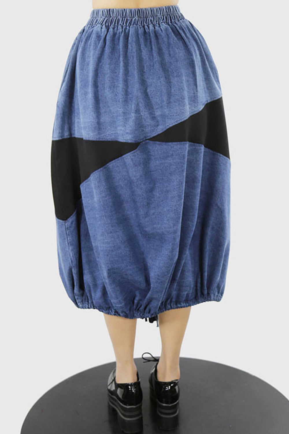 Two-Tone Denim Spliced Drawstring Midi Skirt