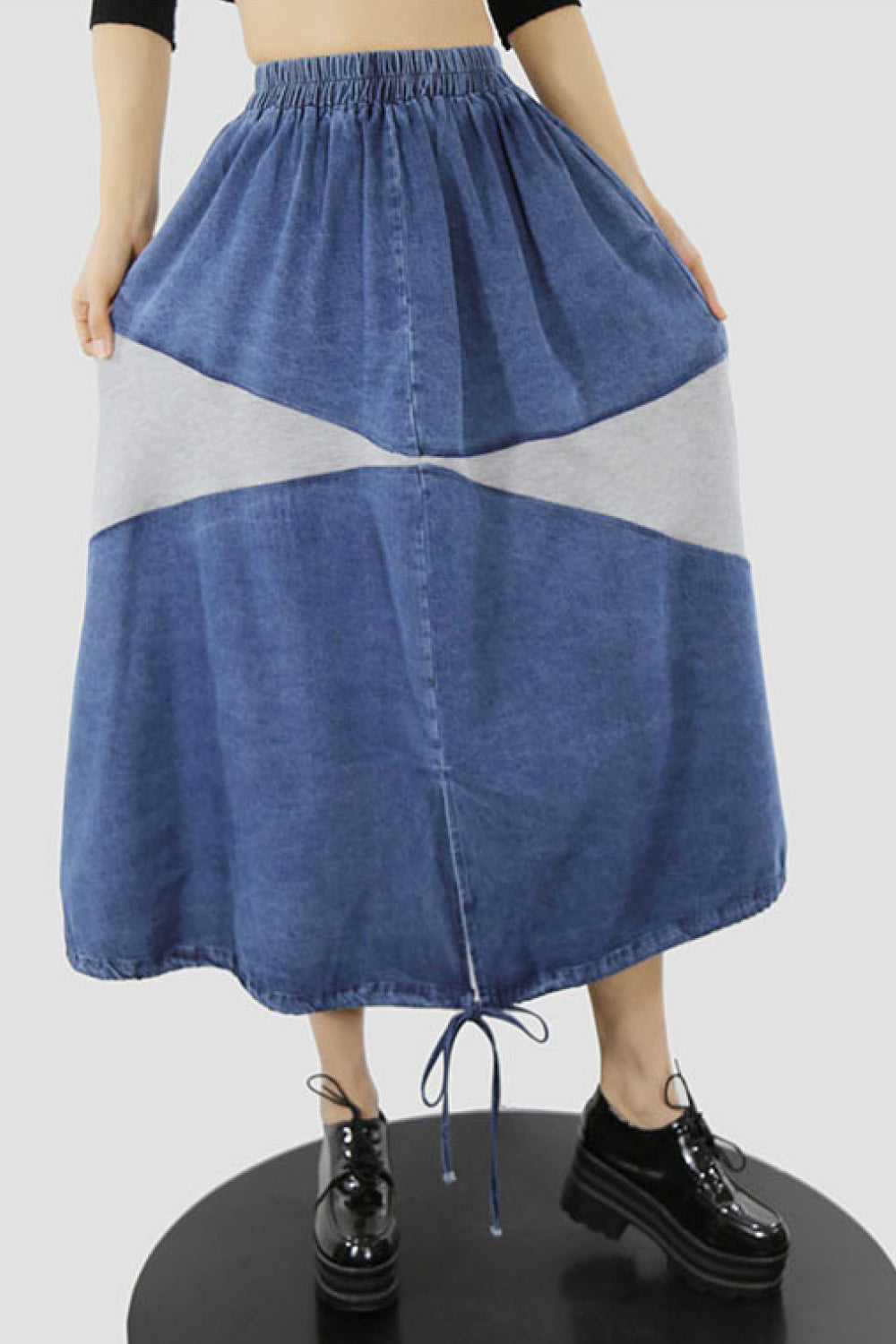 Two-Tone Denim Spliced Drawstring Midi Skirt