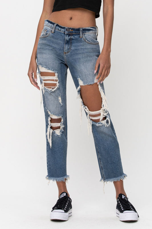 Mid Rise Destroyed Slim Boyfriend Jeans