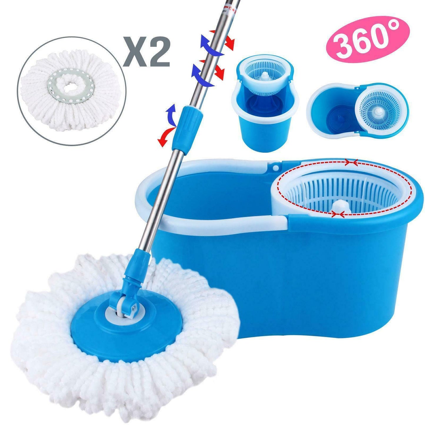 360 Spin Mop with Bucket Dual Mop Heads Use Squeeze Rotating Mop To Quickly Dispense Floor Mop Rag And Wash Floor Mop Blue