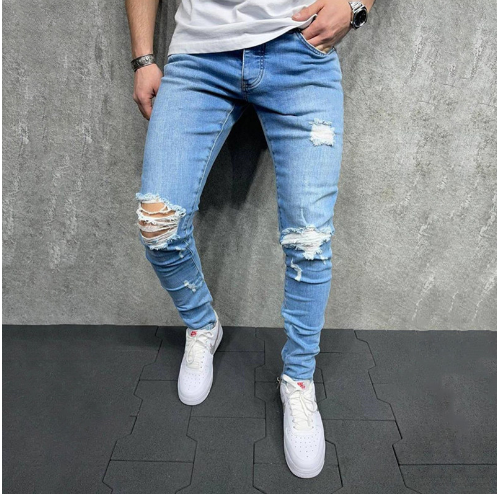 Fashion Light Blue Ripped Slim Fit Jeans