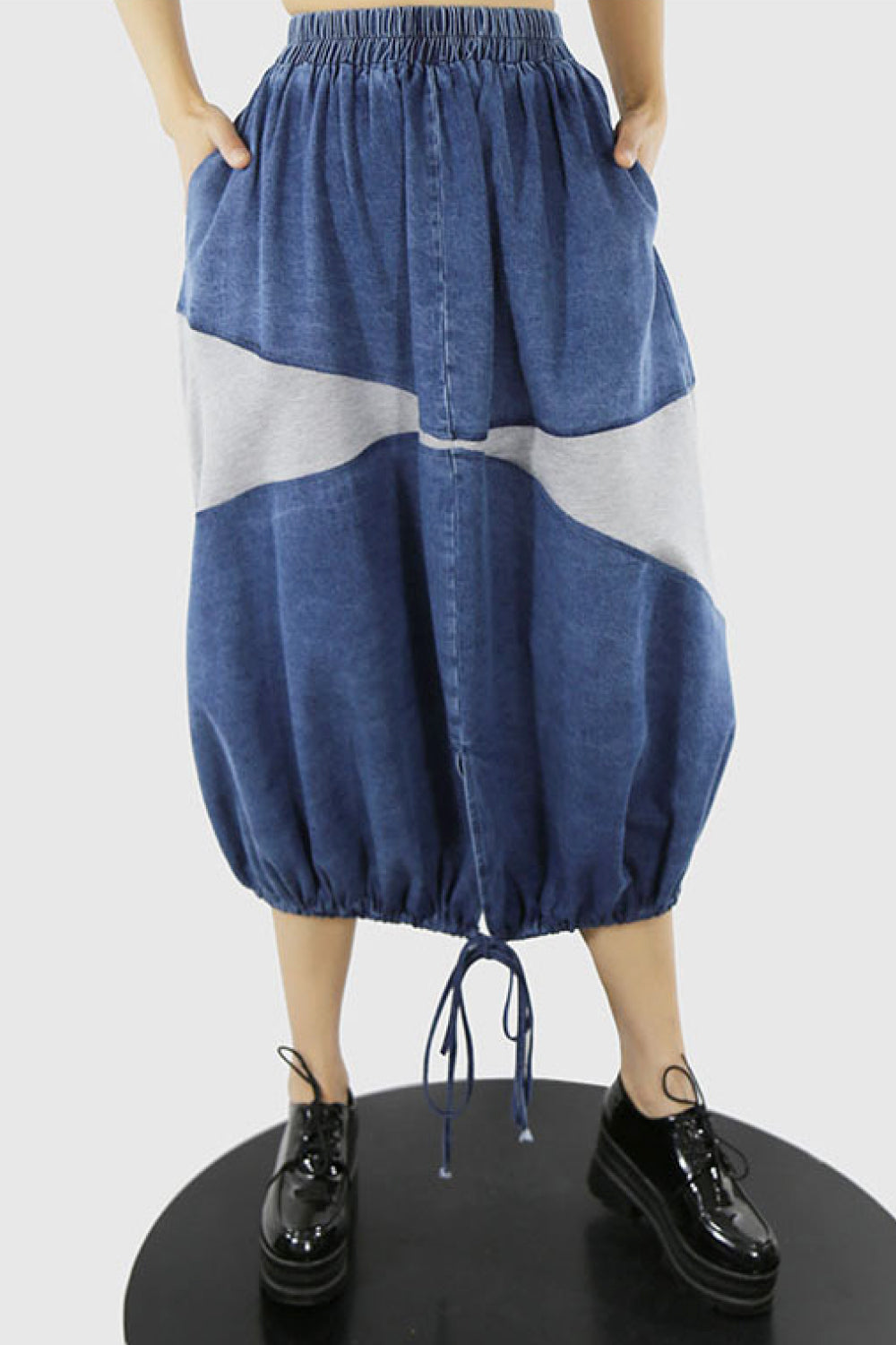 Two-Tone Denim Spliced Drawstring Midi Skirt