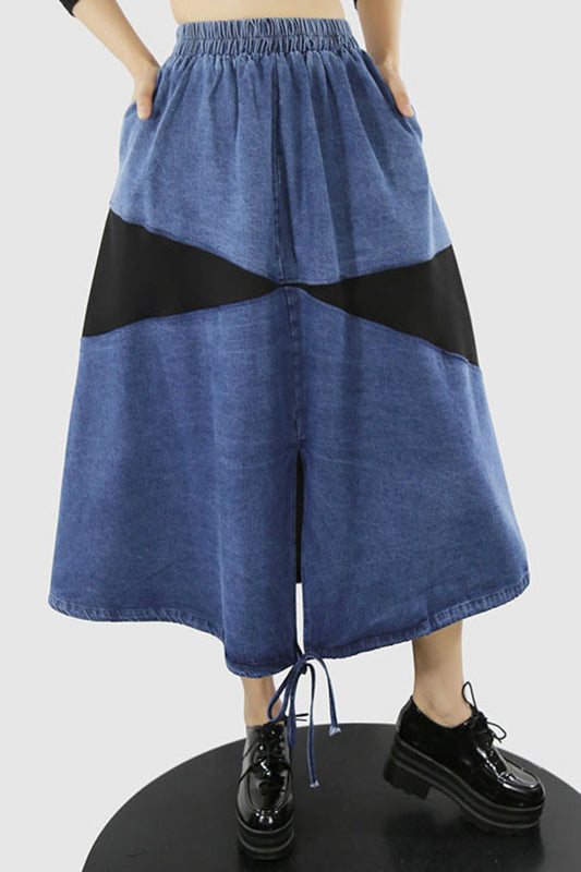 Two-Tone Denim Spliced Drawstring Midi Skirt