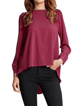 Casual Women Solid O Neck Long Sleeve Pleated Irregular Chiffon Blouse