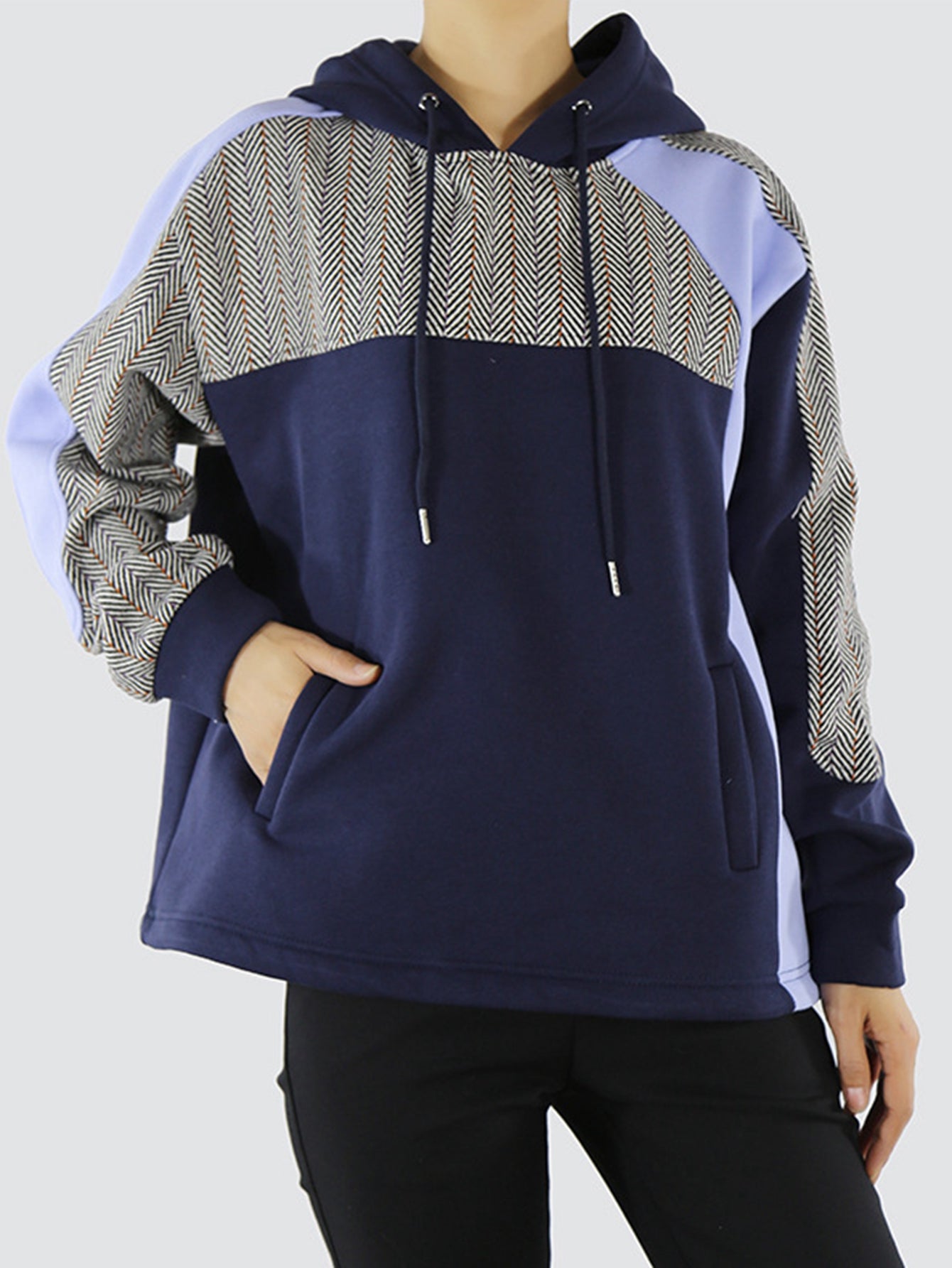 Color Block Herringbone Hoodie with Pockets