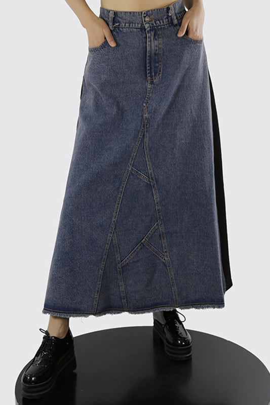 Two-Tone Denim Spliced Raw Hem Maxi Skirt