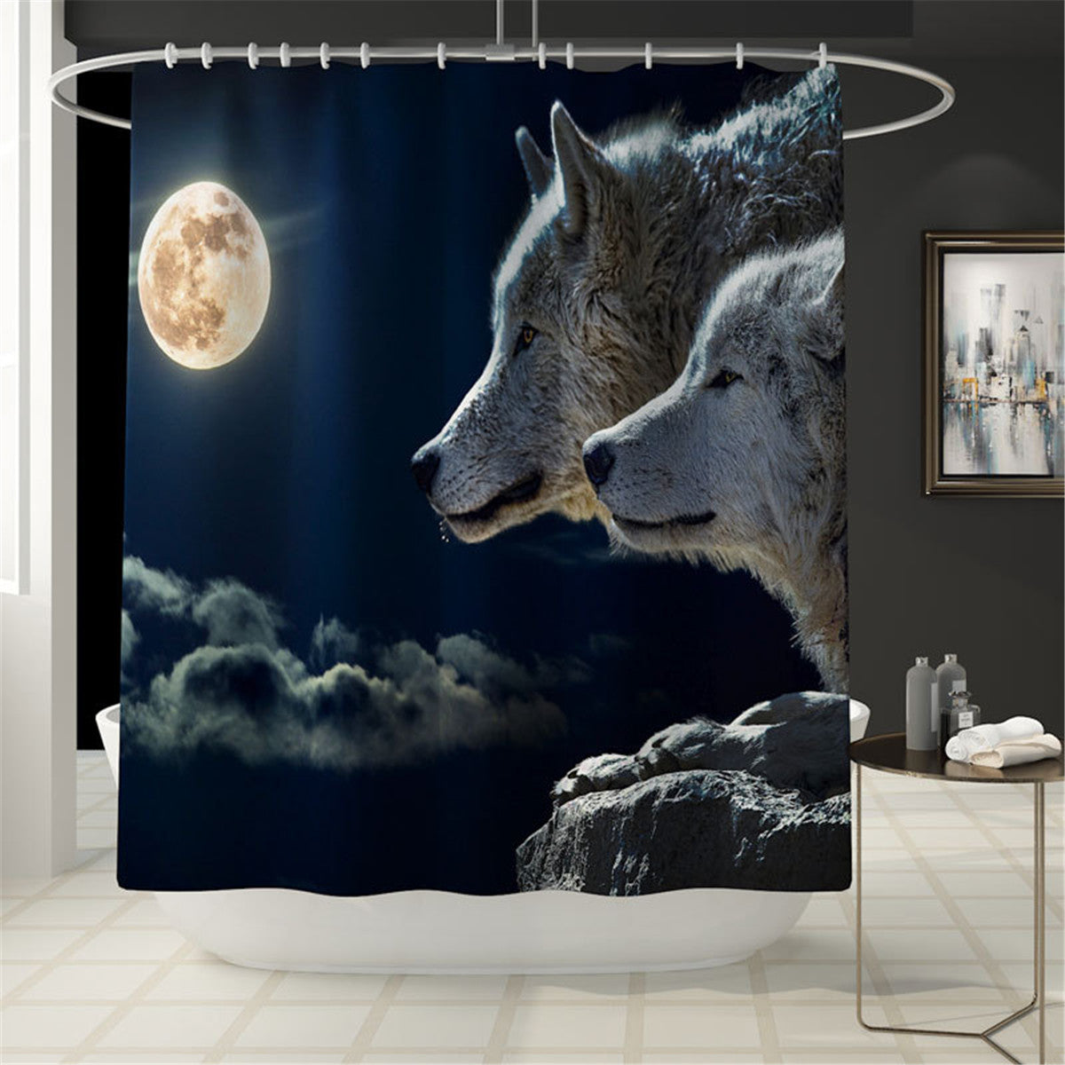 4 Pcs Wolf Bathroom Bath Mat Set Rugs Toilet Lid Cover Shower Curtain Waterproof