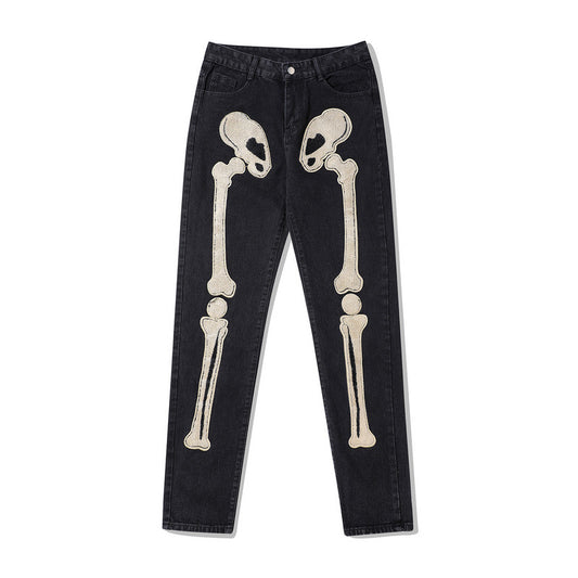 High Street Hip Hop Street Skull Bone Patch Jeans