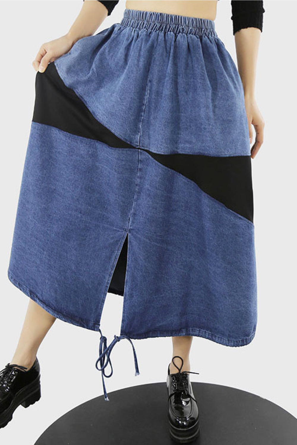 Two-Tone Denim Spliced Drawstring Midi Skirt