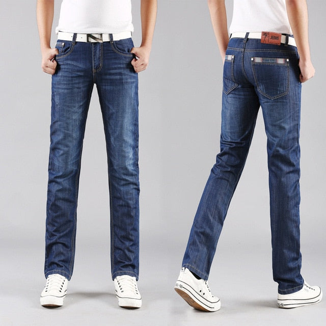 Classic Men Casual Mid-Rise Straight Denim Jeans