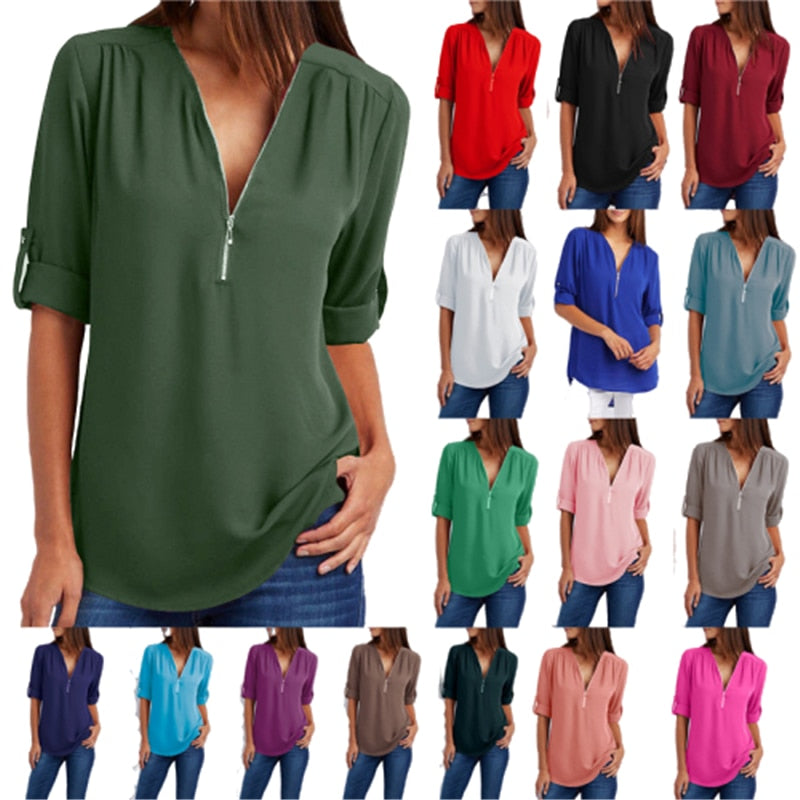 Women T'shirt V-neck Zipper