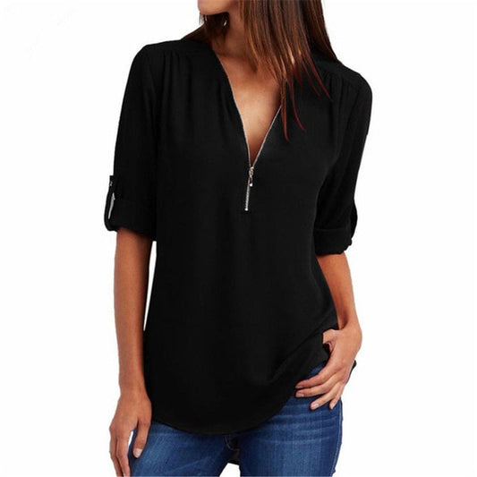 Women T'shirt V-neck Zipper