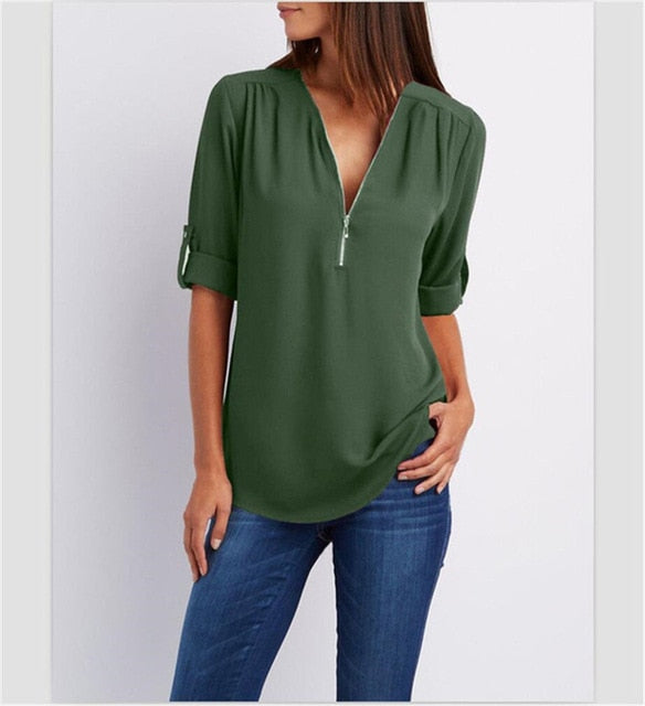 Women T'shirt V-neck Zipper