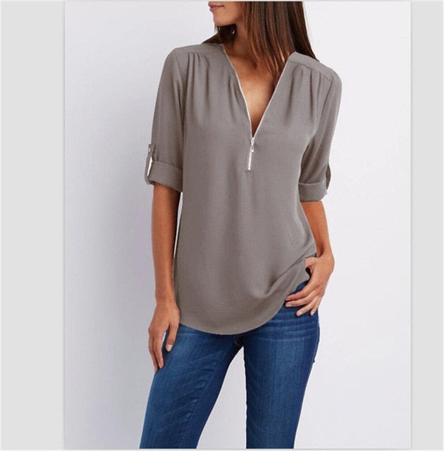 Women T'shirt V-neck Zipper