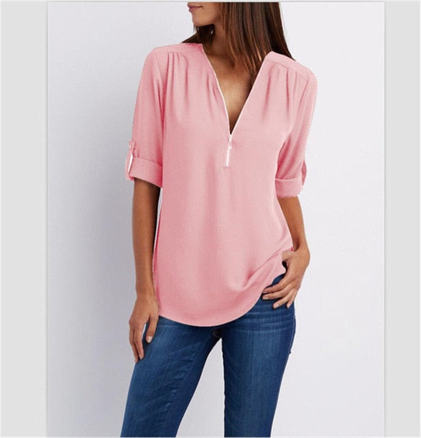 Women T'shirt V-neck Zipper