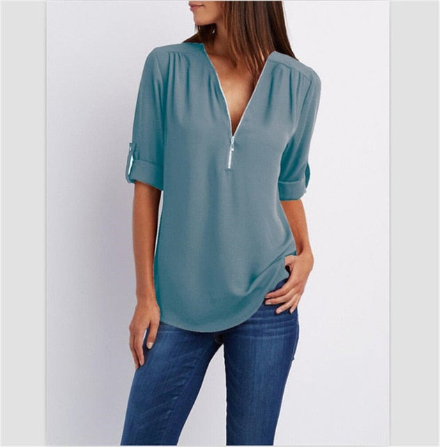 Women T'shirt V-neck Zipper