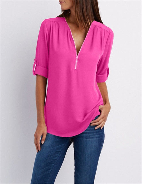 Women T'shirt V-neck Zipper