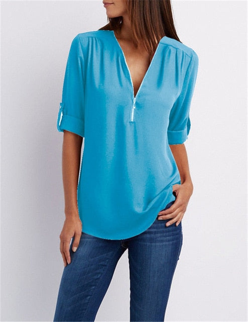 Women T'shirt V-neck Zipper