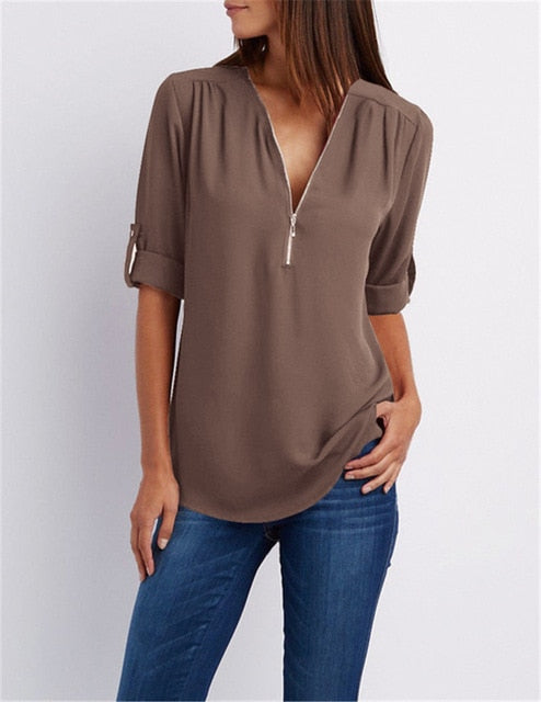 Women T'shirt V-neck Zipper