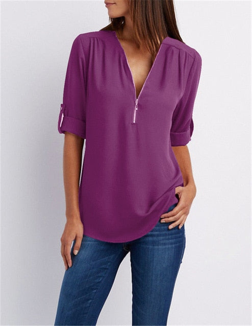 Women T'shirt V-neck Zipper