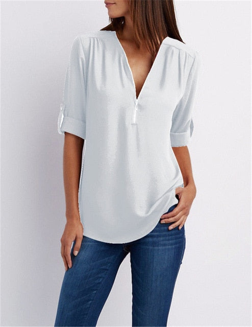 Women T'shirt V-neck Zipper