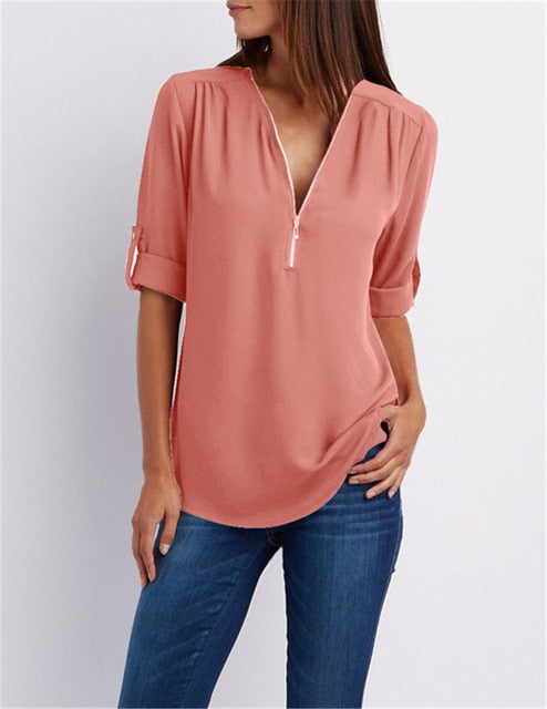 Women T'shirt V-neck Zipper