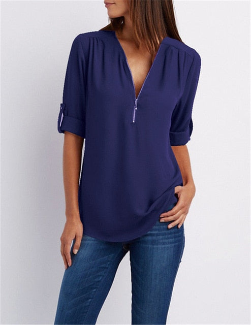 Women T'shirt V-neck Zipper