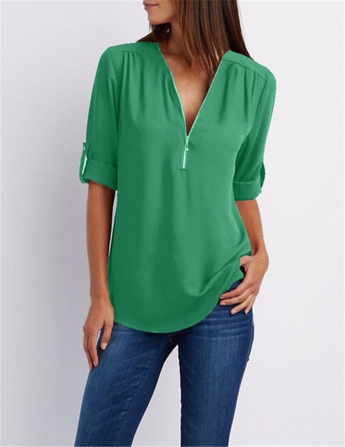 Women T'shirt V-neck Zipper