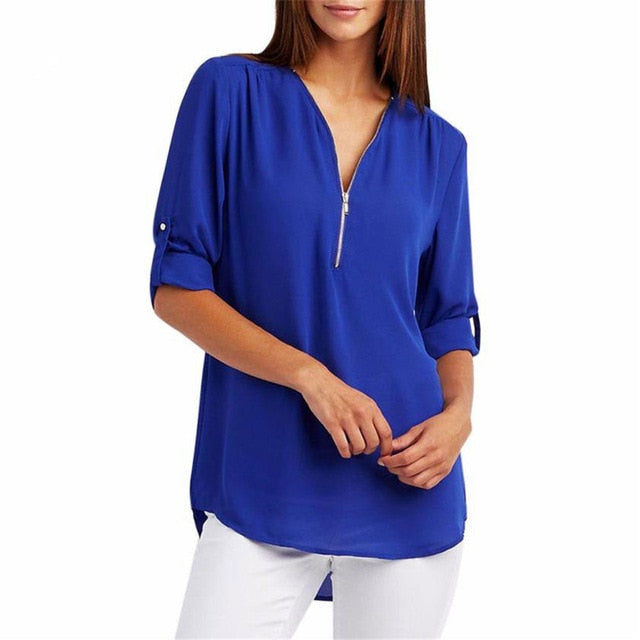 Women T'shirt V-neck Zipper